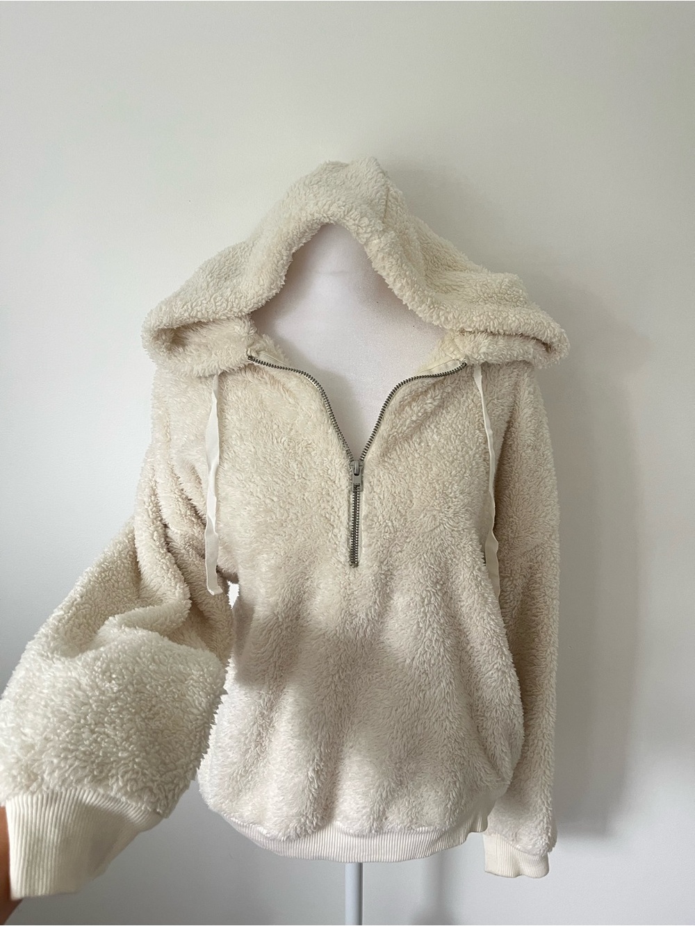Cream Quarter-Zip Sherpa Hoodie